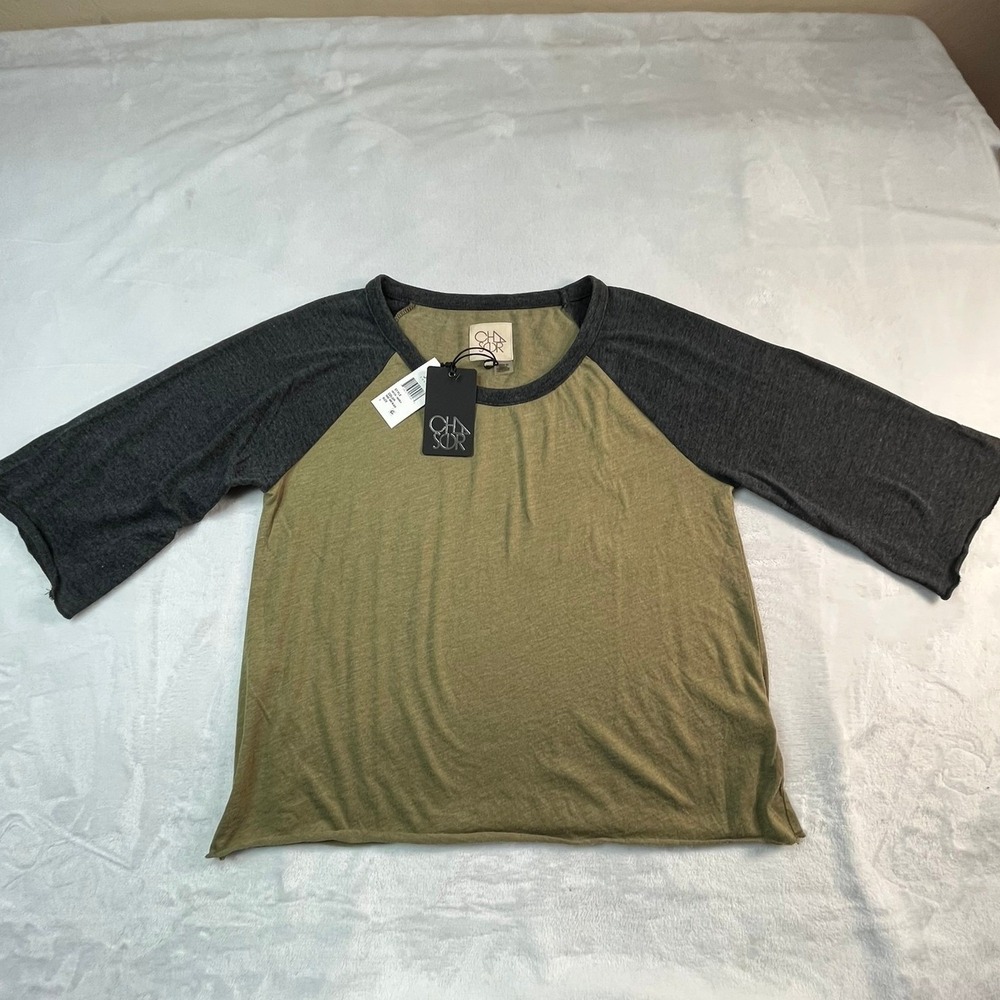 NWT CHASER Womens L Shirt‎ Raglan Sleeve Olive Green Gray Relaxed Sleeve